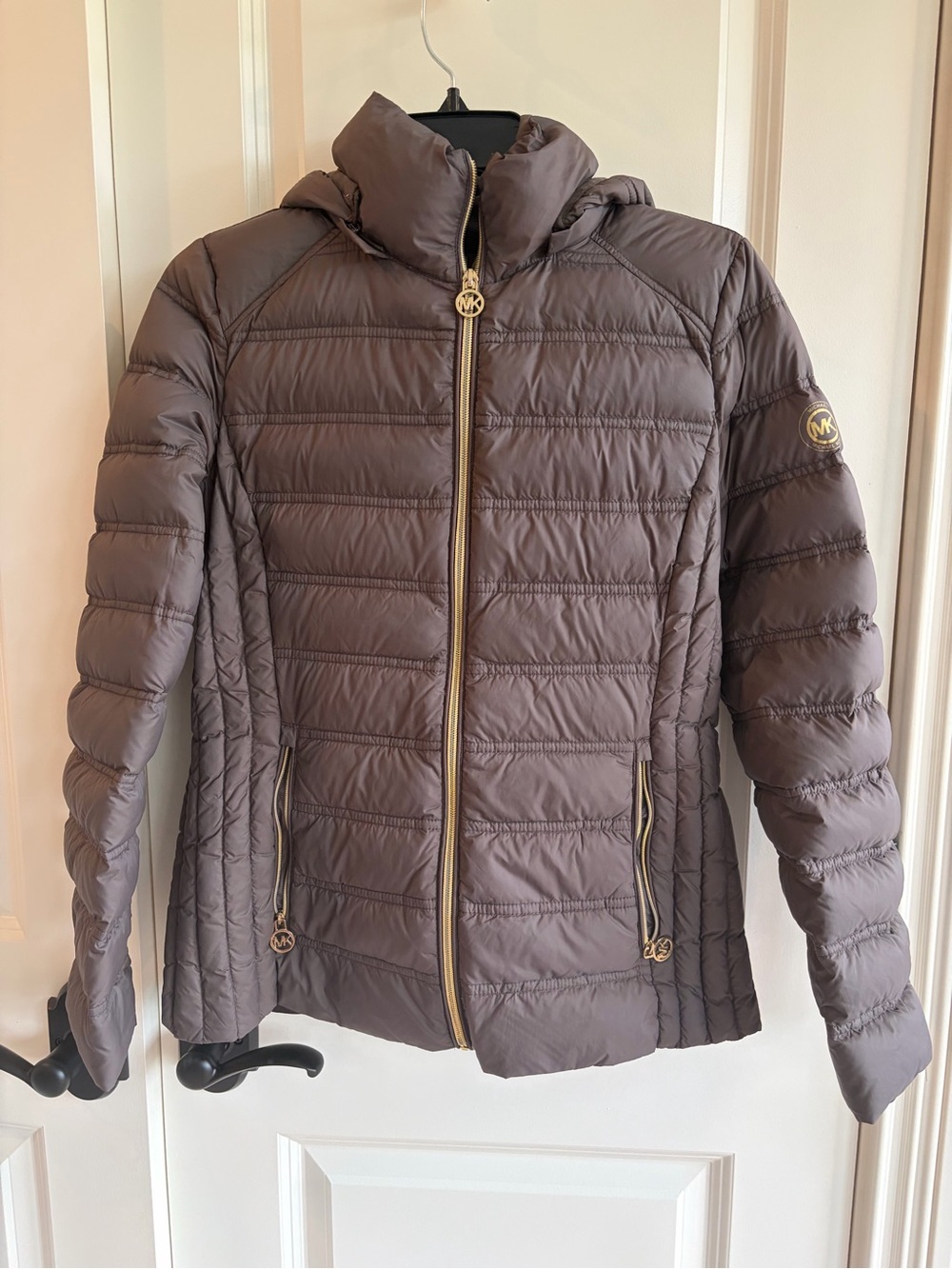 Michael Kors Light Brown Quilted Packable Down Hooded Puffer Jacket Size Small